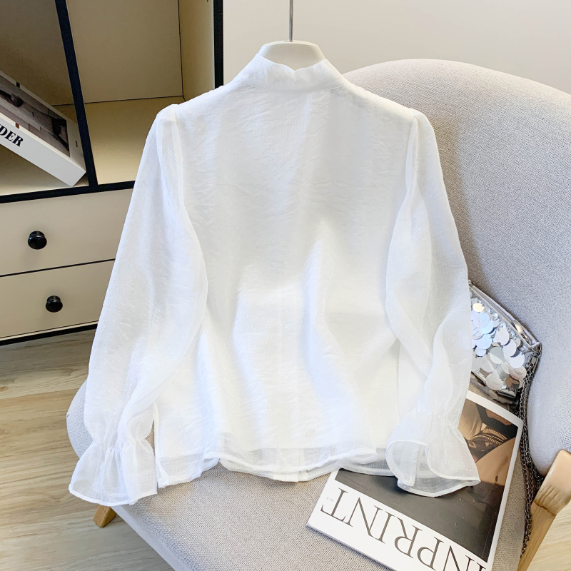 Bow long sleeve Western style tops apricot spring shirt