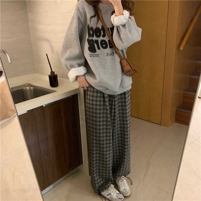 Loose retro hoodie gray printing tops for women