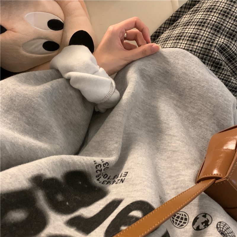 Loose retro hoodie gray printing tops for women