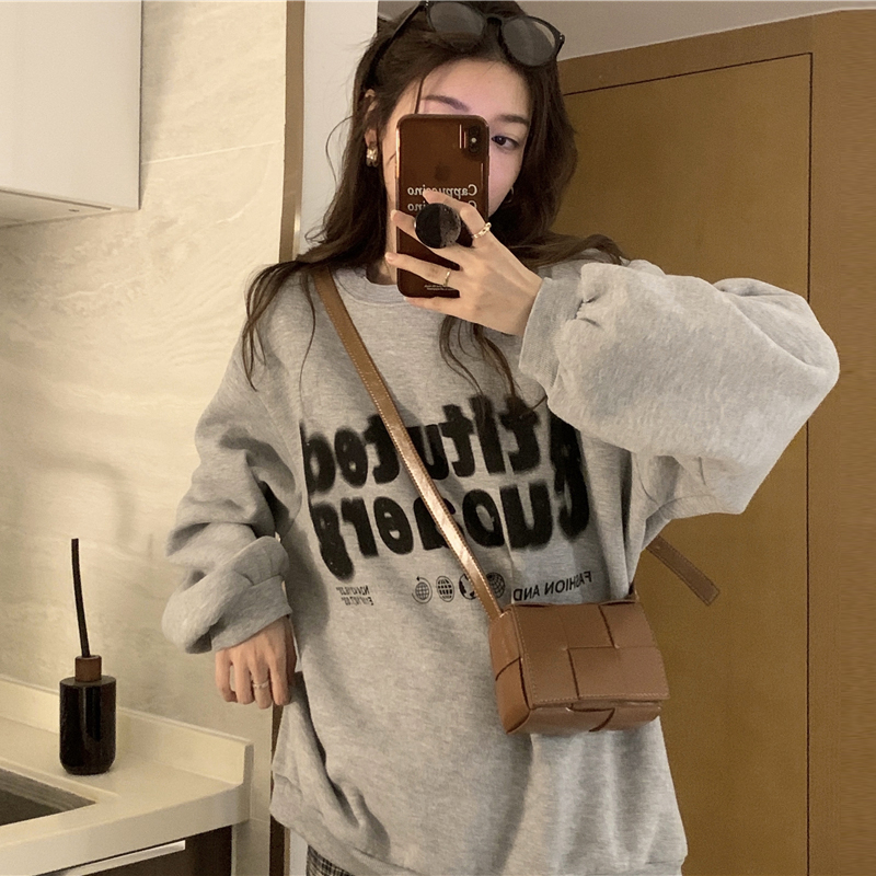 Loose retro hoodie gray printing tops for women
