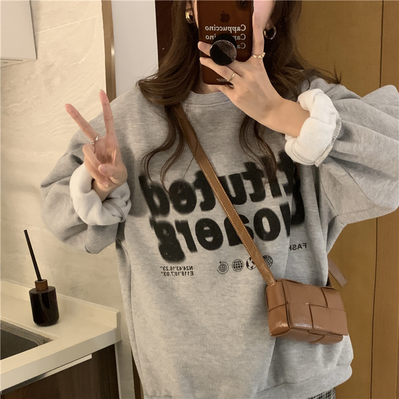 Loose retro hoodie gray printing tops for women