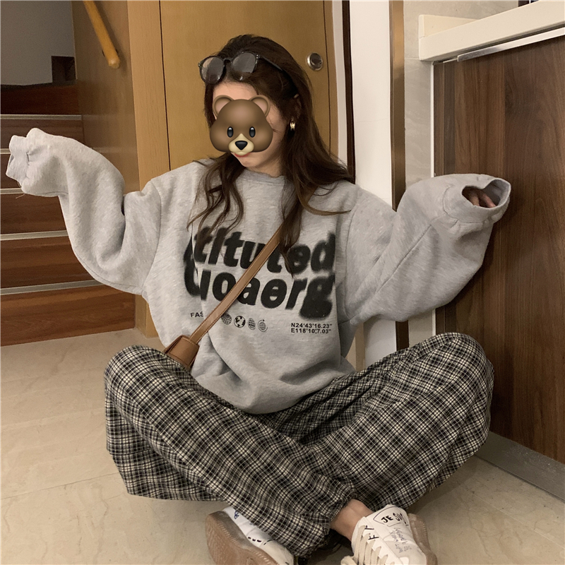 Loose retro hoodie gray printing tops for women