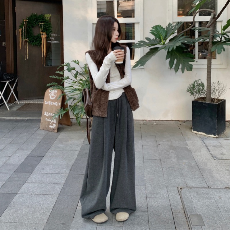 High waist dark-gray casual pants loose pants