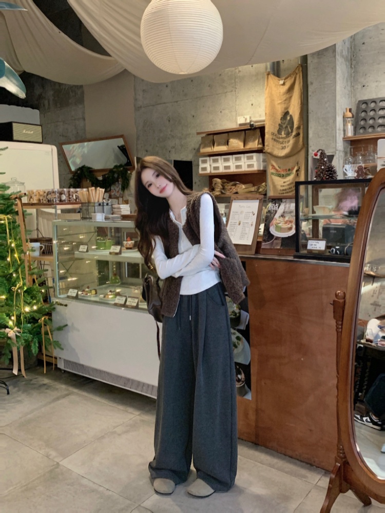 High waist dark-gray casual pants loose pants
