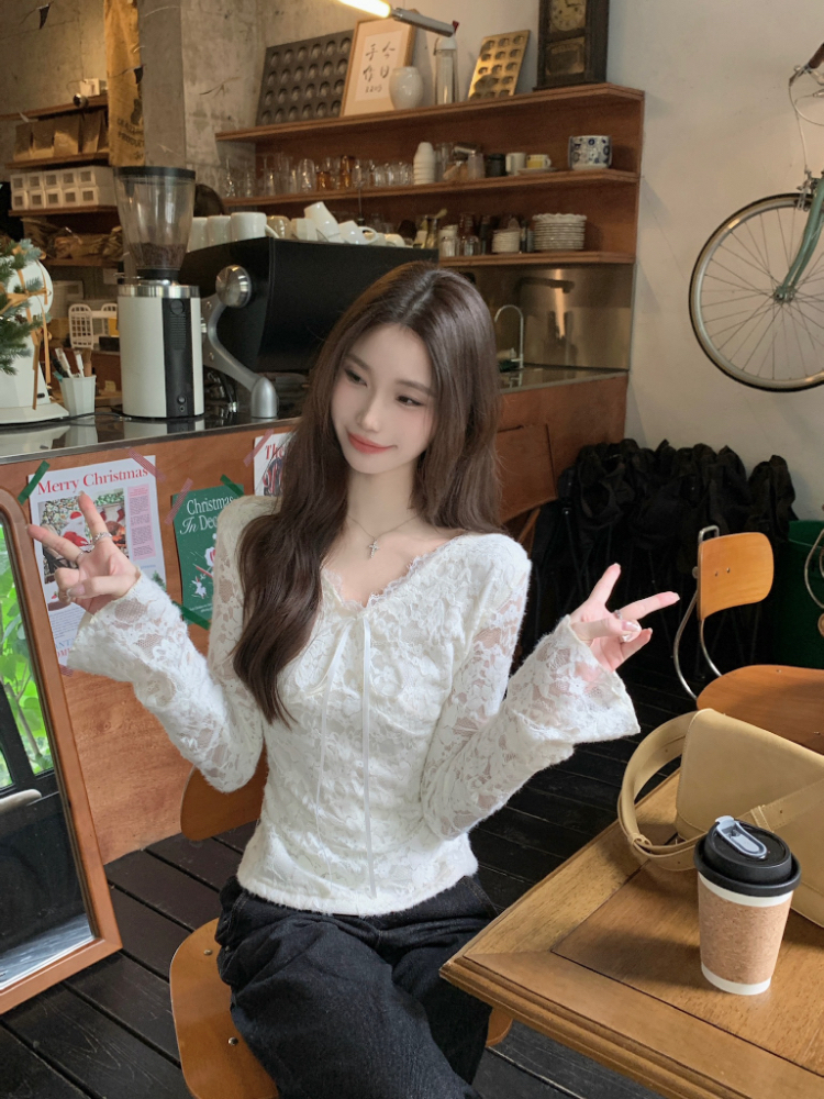 Slim lace embroidery tops frenum winter plus velvet shirts