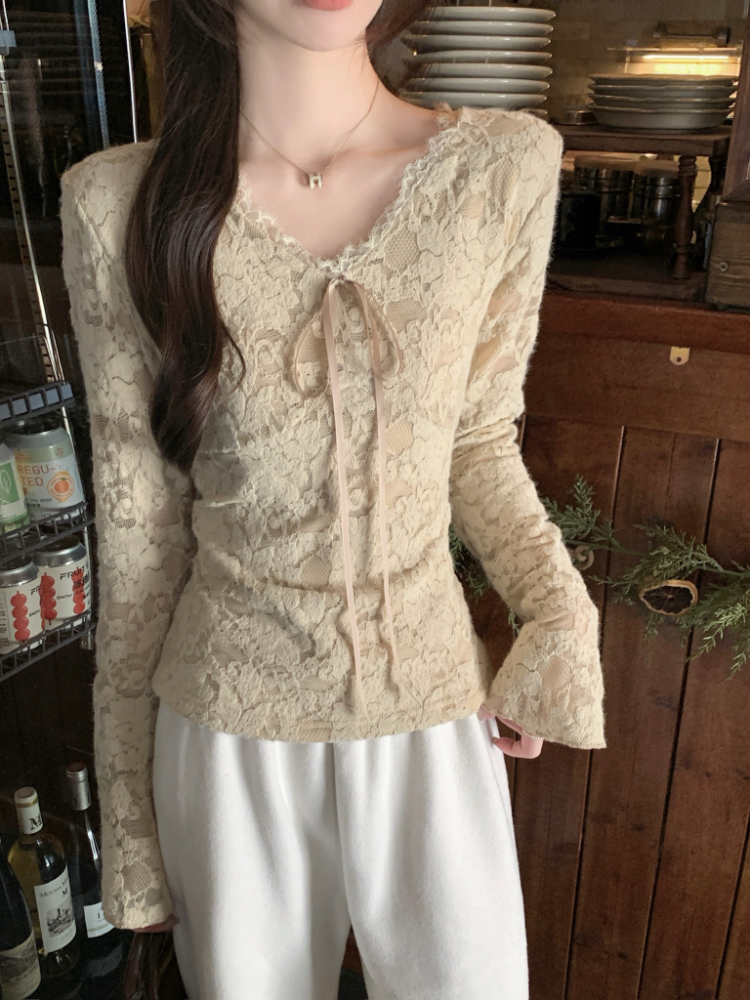 Slim lace embroidery tops frenum winter plus velvet shirts