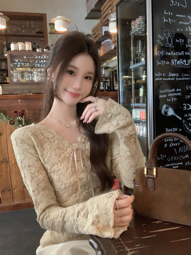 Slim lace embroidery tops frenum winter plus velvet shirts