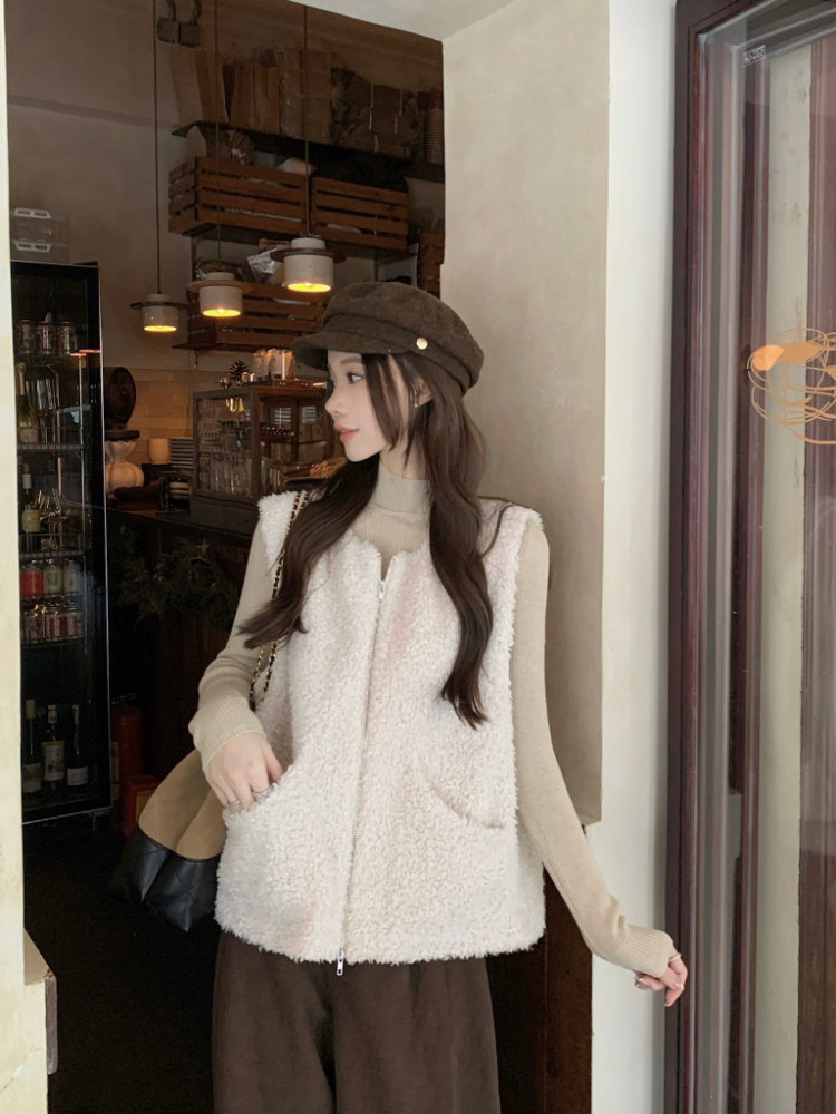 Double zip lambs wool coat all-match cardigan for women