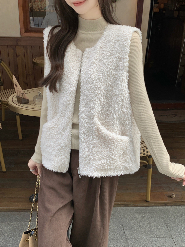 Double zip lambs wool coat all-match cardigan for women