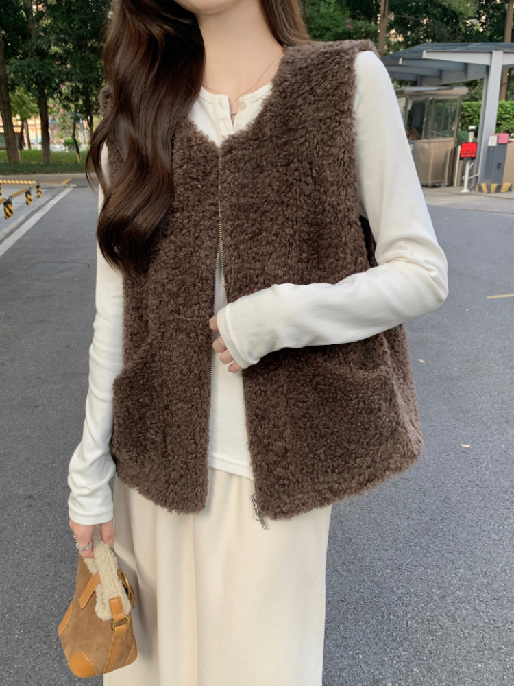 Double zip lambs wool coat all-match cardigan for women