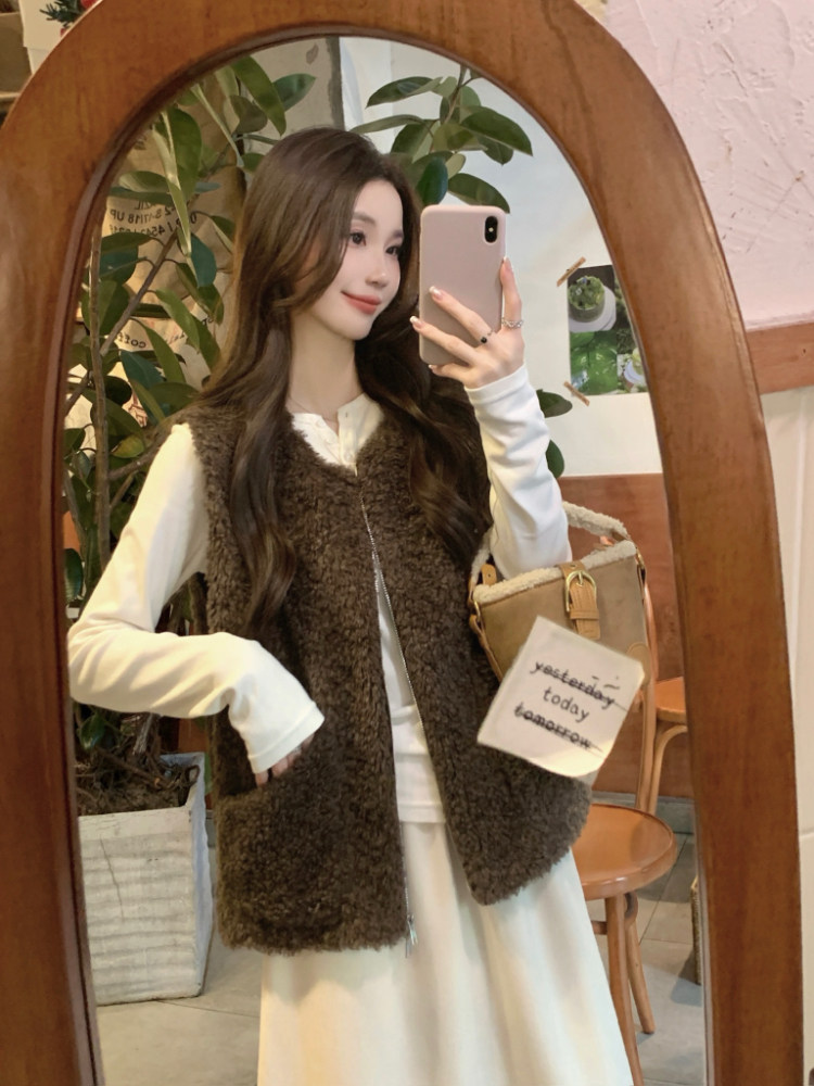 Double zip lambs wool coat all-match cardigan for women