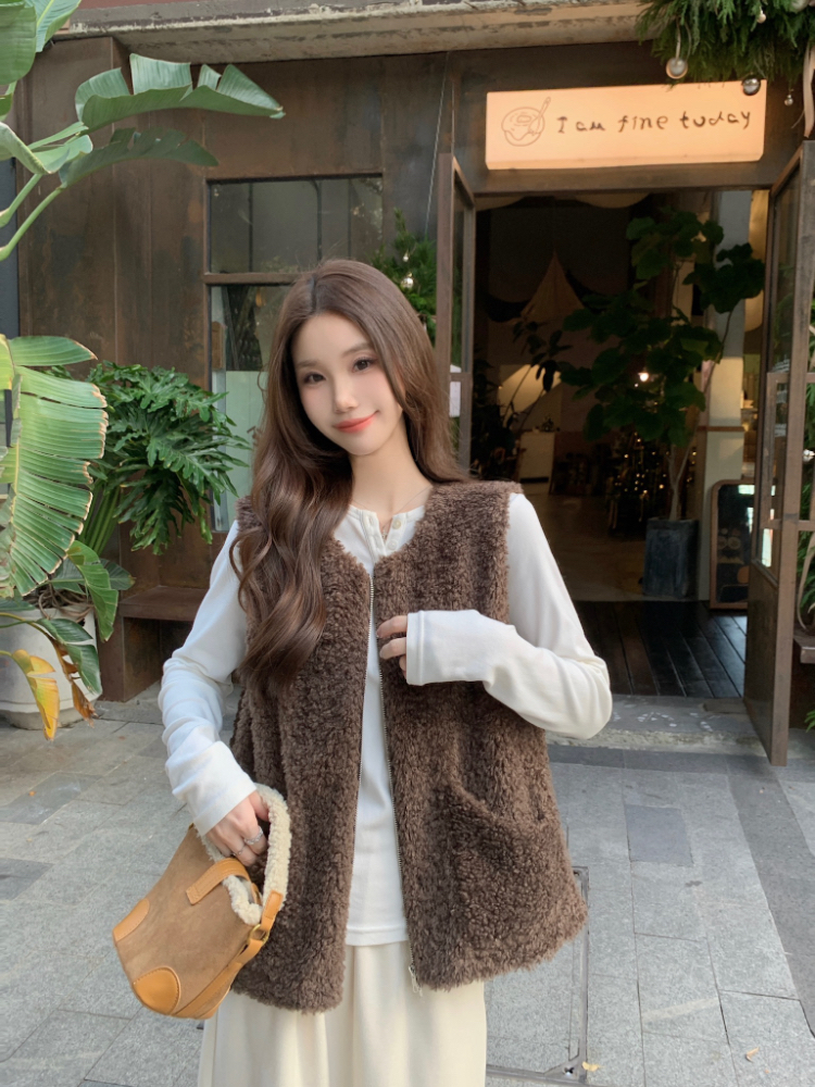 Double zip lambs wool coat all-match cardigan for women