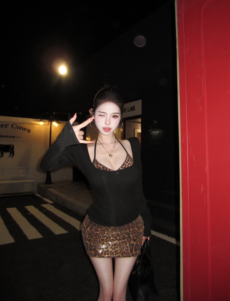 Long sleeve slim skirt leopard tops 3pcs set for women