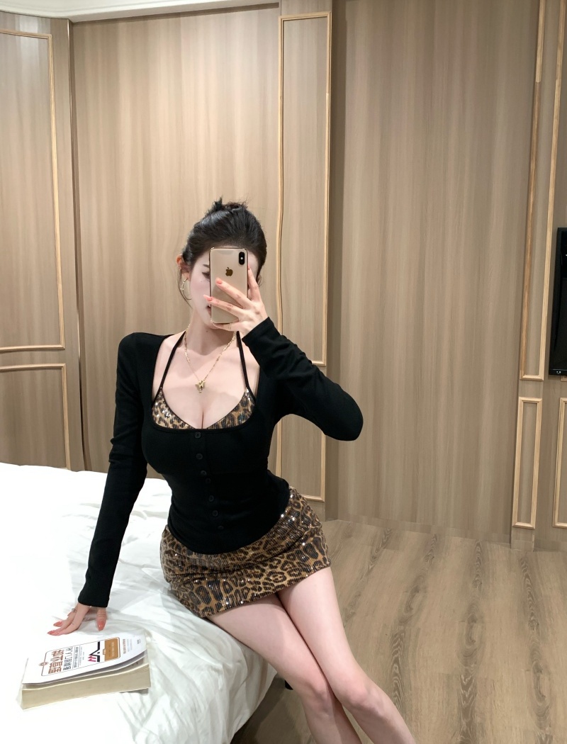 Long sleeve slim skirt leopard tops 3pcs set for women