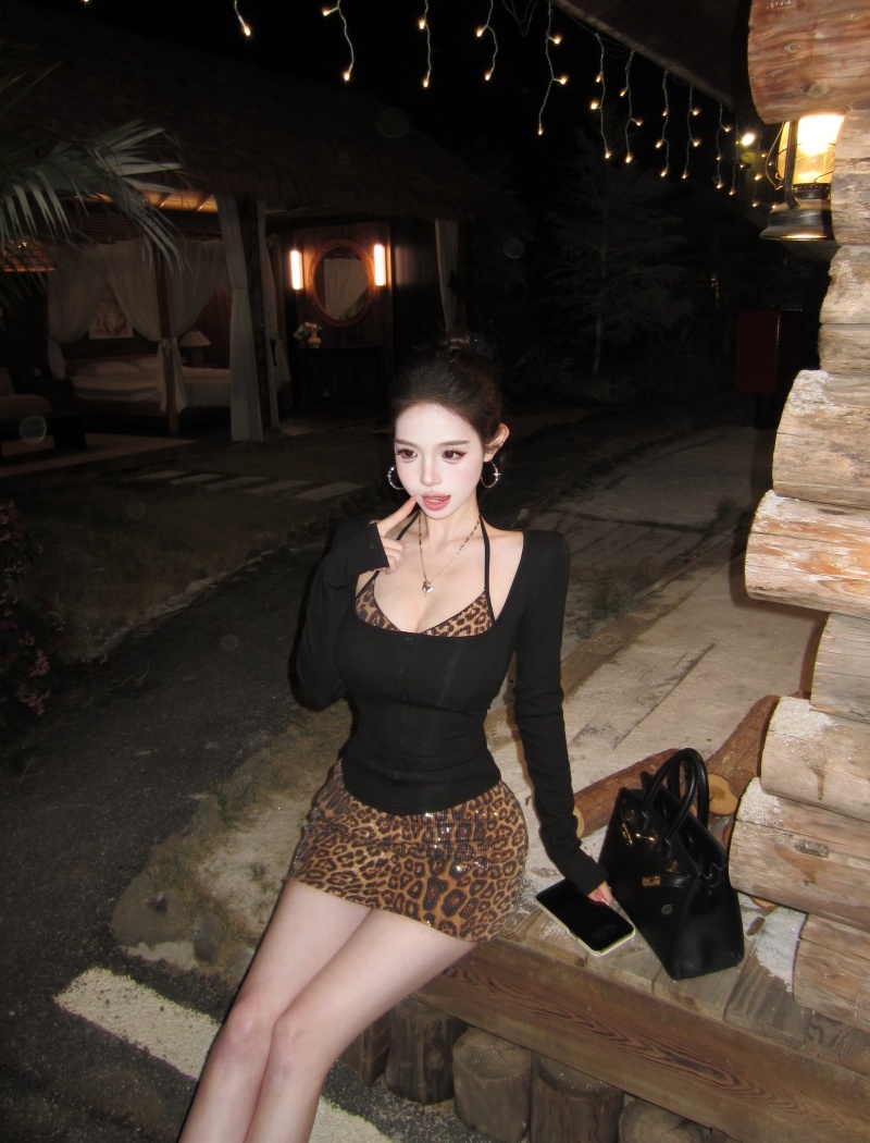 Long sleeve slim skirt leopard tops 3pcs set for women