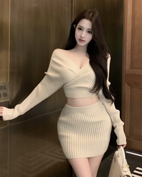 Package hip long sleeve skirt knitted enticement tops 2pcs set