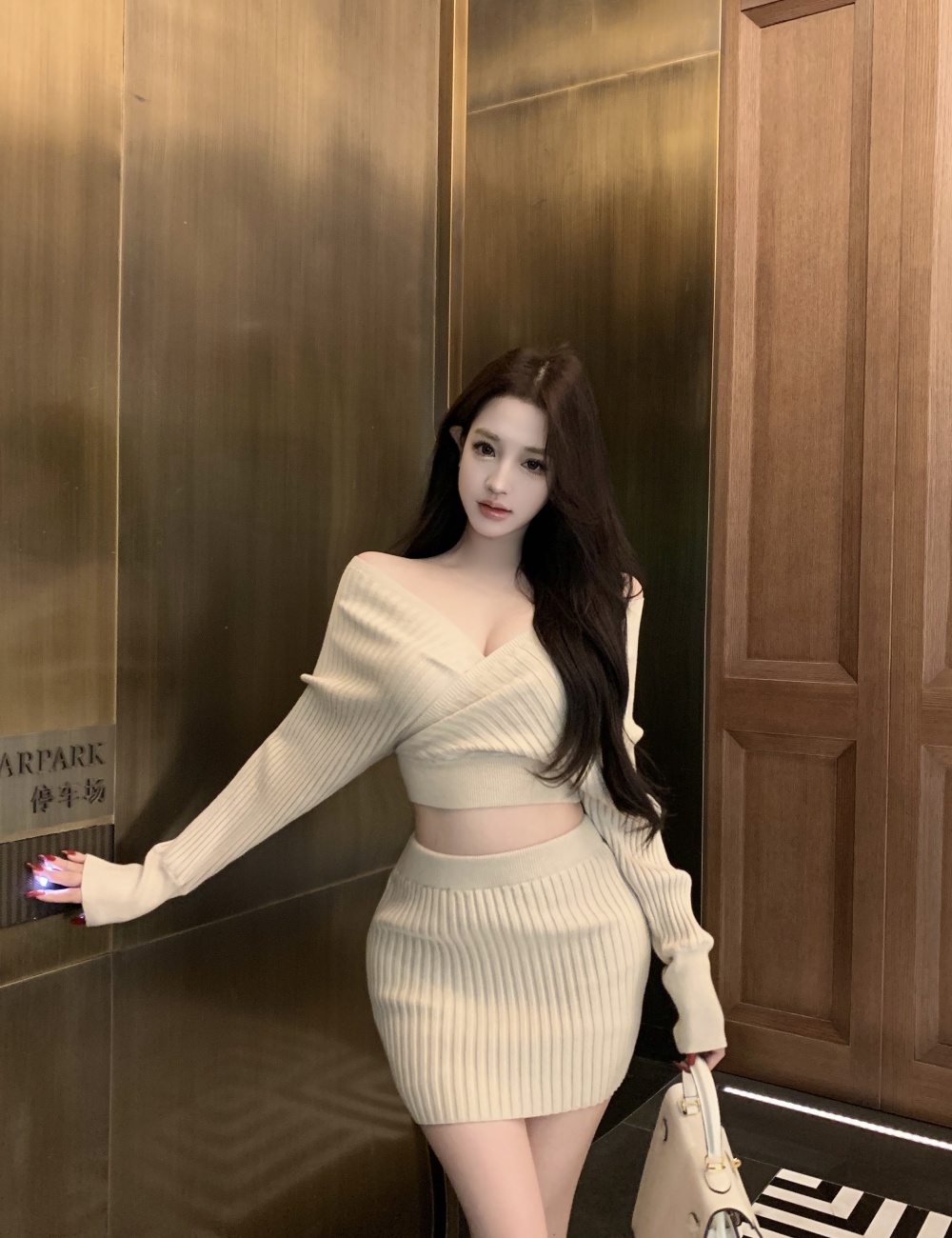 Package hip long sleeve skirt knitted enticement tops 2pcs set