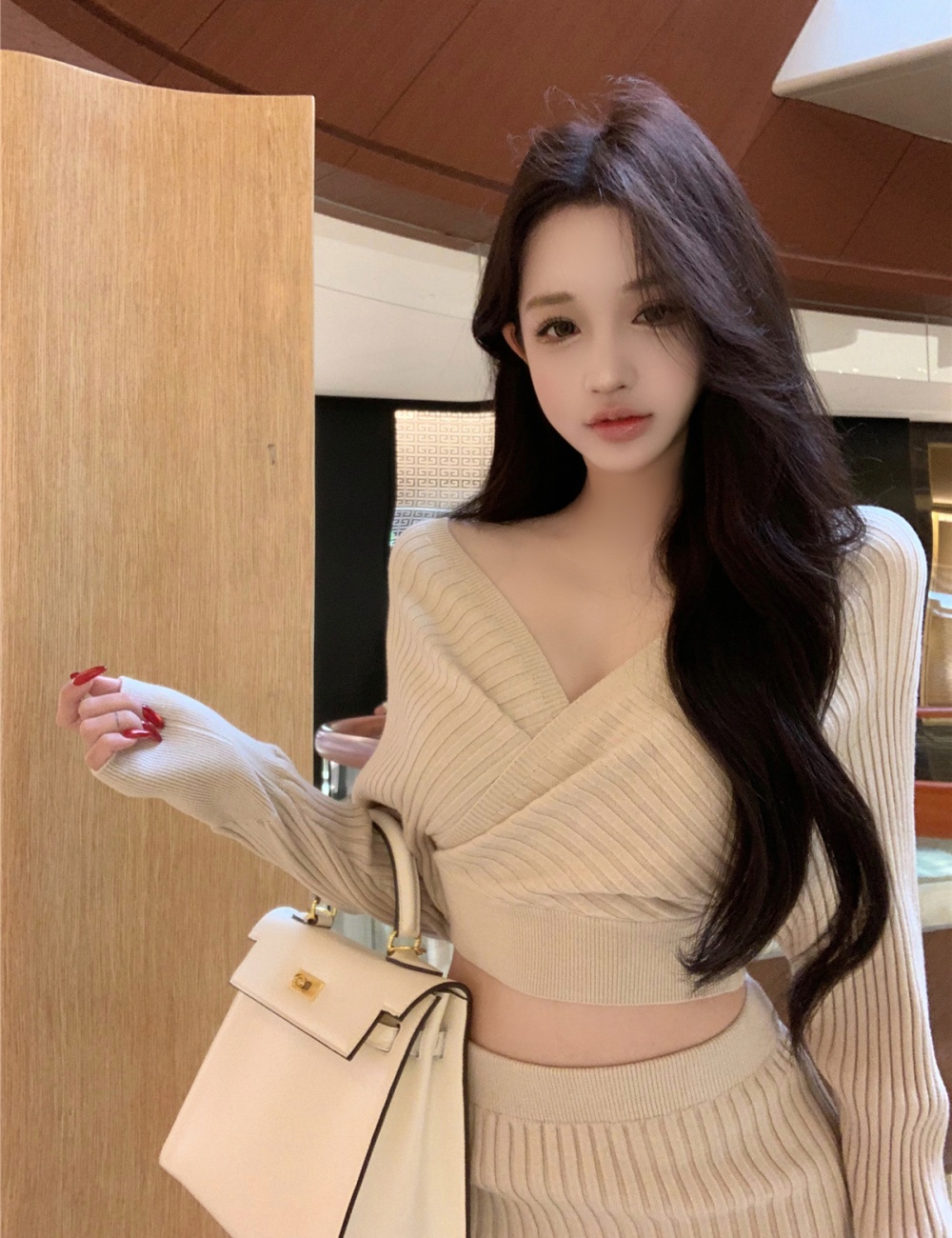 Package hip long sleeve skirt knitted enticement tops 2pcs set