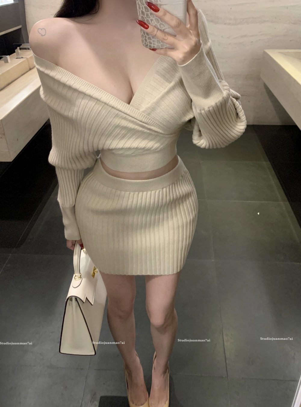 Package hip long sleeve skirt knitted enticement tops 2pcs set