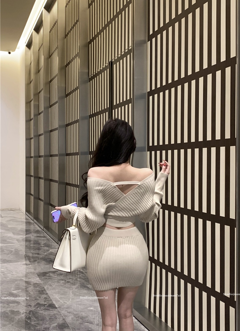 Package hip long sleeve skirt knitted enticement tops 2pcs set