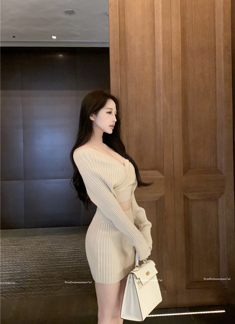 Package hip long sleeve skirt knitted enticement tops 2pcs set