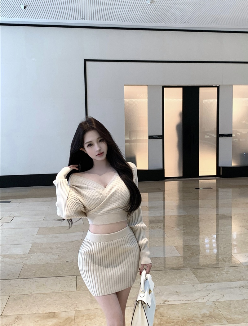 Package hip long sleeve skirt knitted enticement tops 2pcs set