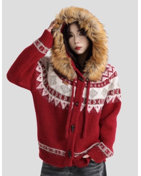 Mixed colors stripe coat knitted sweater for women