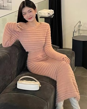 High waist long skirt mink velvet sweater 2pcs set