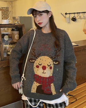 Loose lazy red sweater elk christmas tops for women