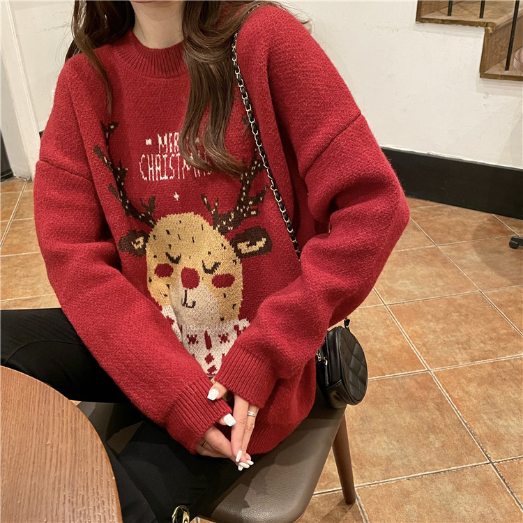 Loose lazy red sweater elk christmas tops for women