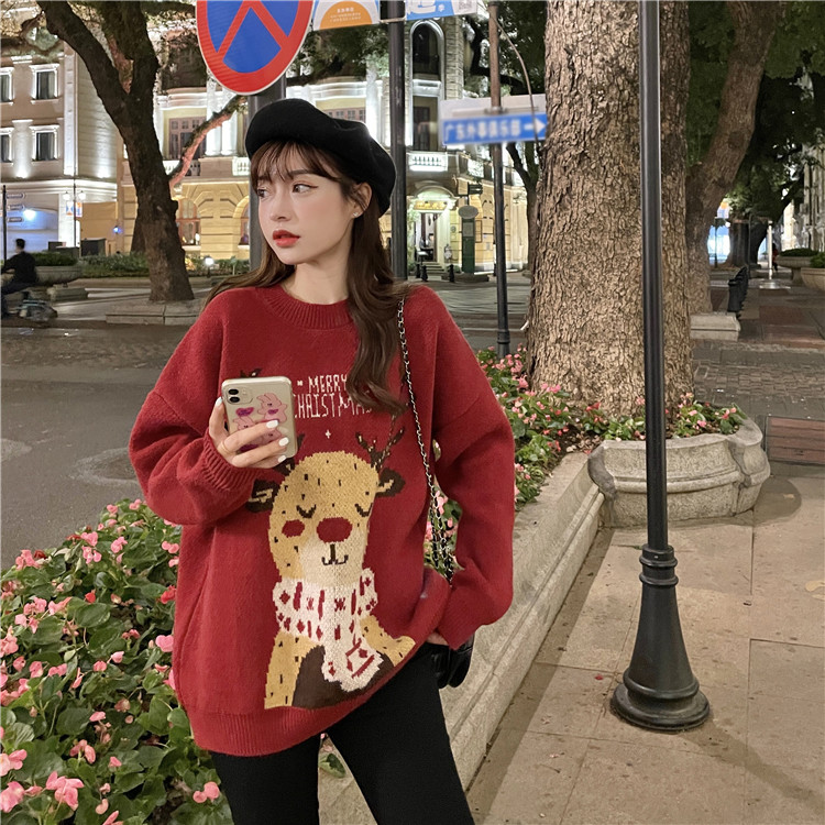Loose lazy red sweater elk christmas tops for women