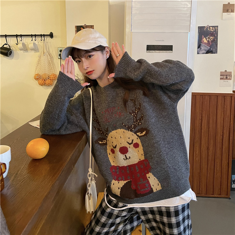 Loose lazy red sweater elk christmas tops for women