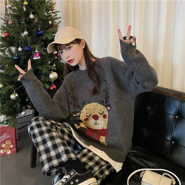 Loose lazy red sweater elk christmas tops for women