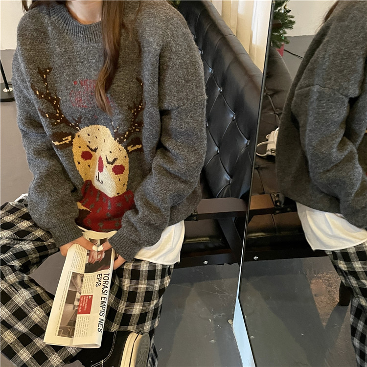 Loose lazy red sweater elk christmas tops for women
