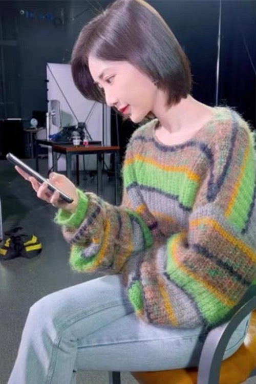 Mixed colors mohair tops long sleeve loose sweater