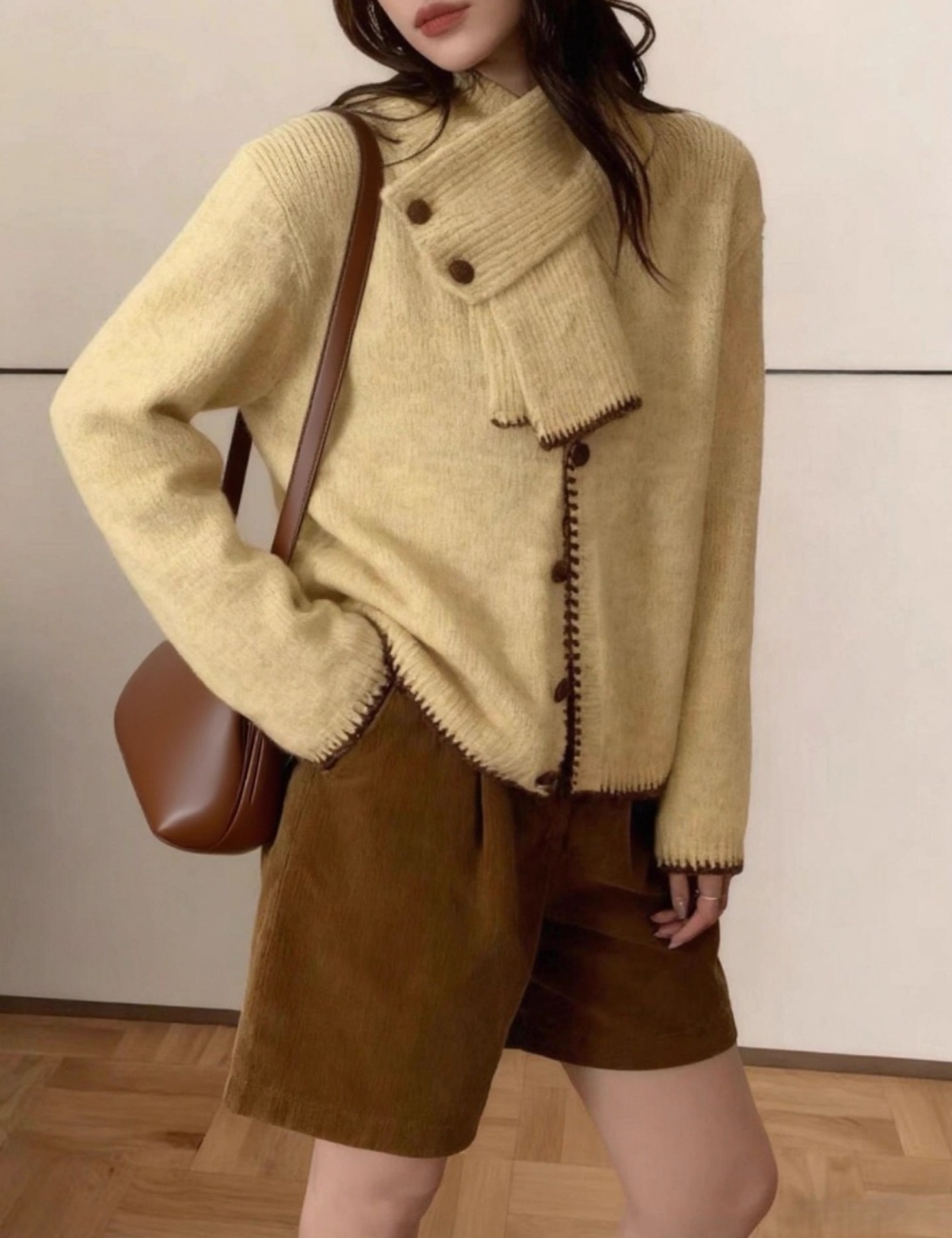 Knitted scarf cardigan pure mixed colors tops a set