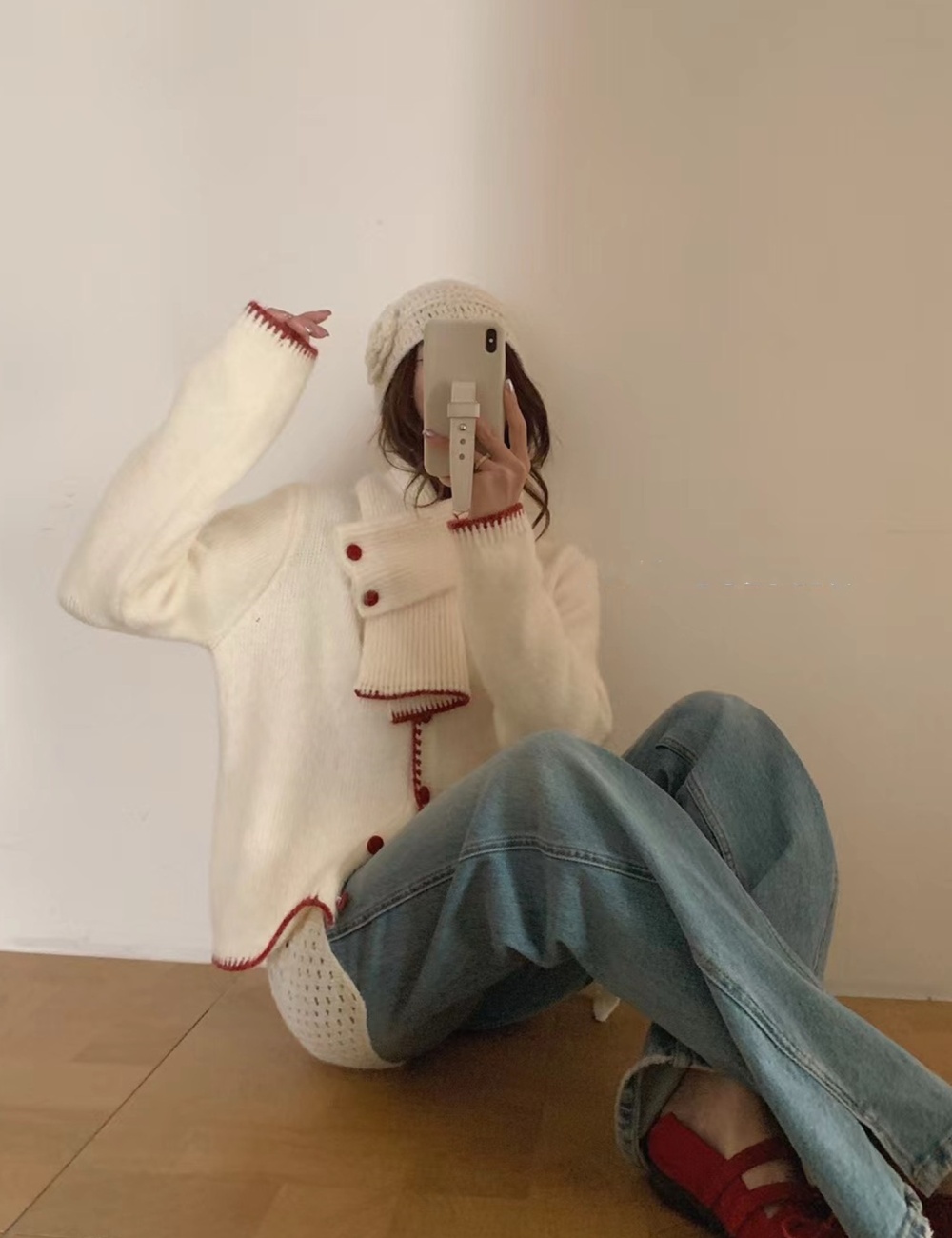 Knitted scarf cardigan pure mixed colors tops a set