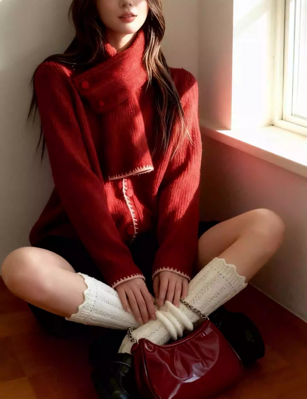 Knitted scarf cardigan pure mixed colors tops a set