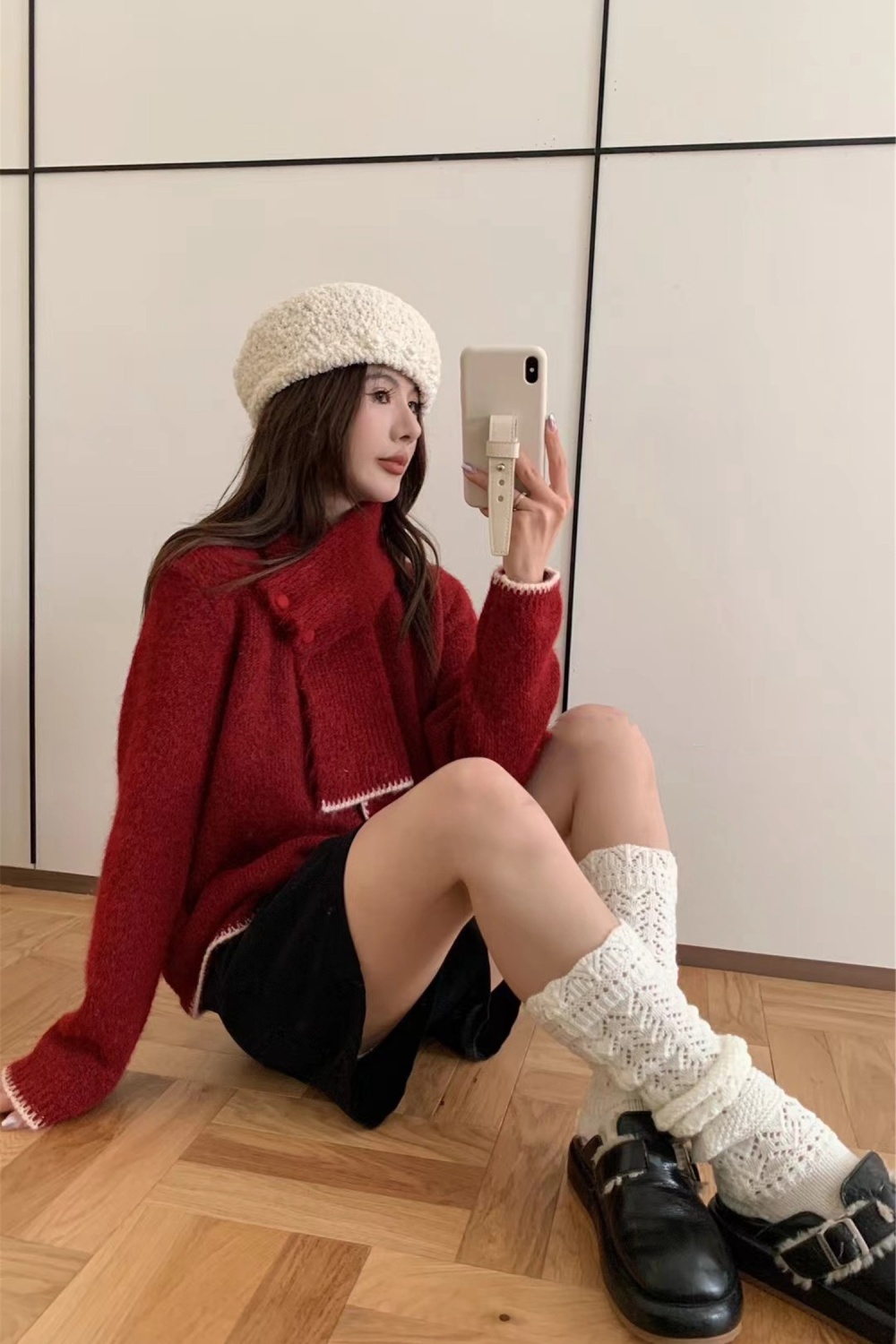 Knitted scarf cardigan pure mixed colors tops a set