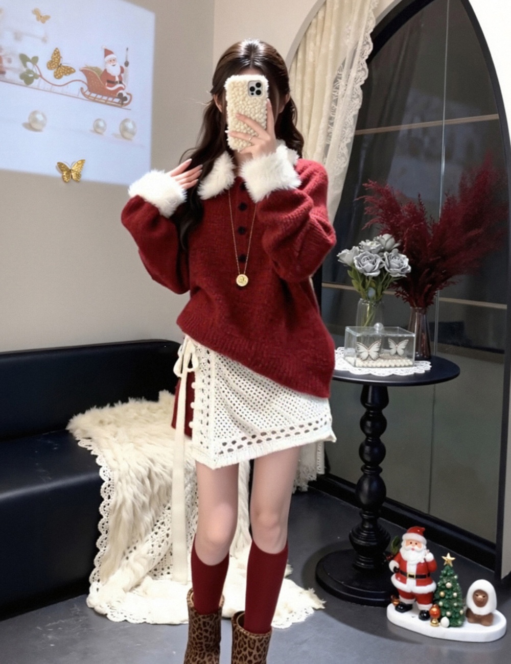 Buckle pullover shorts fur collar sweater 3pcs set for women