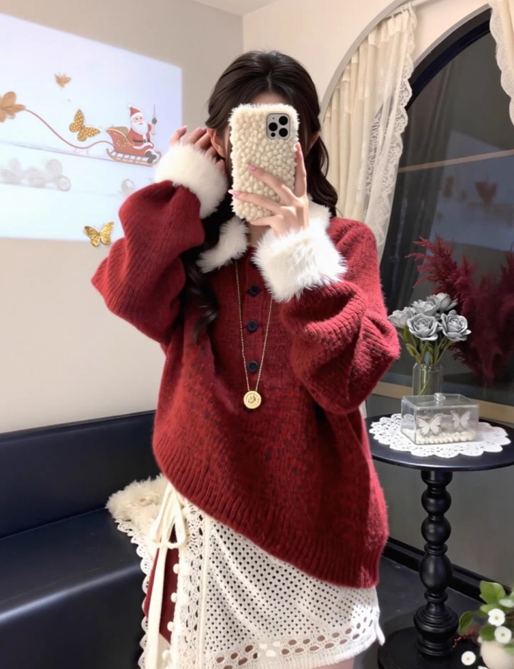 Buckle pullover shorts fur collar sweater 3pcs set for women