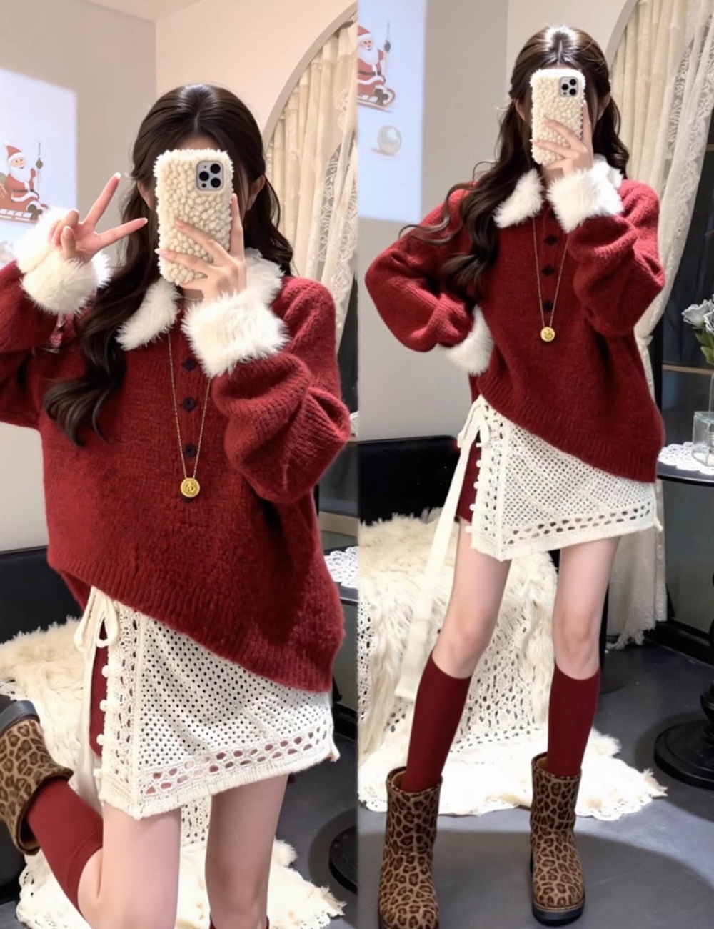Buckle pullover shorts fur collar sweater 3pcs set for women