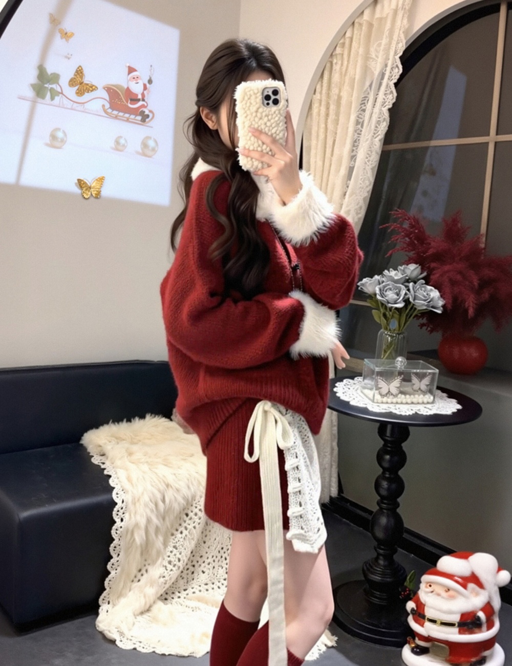 Buckle pullover shorts fur collar sweater 3pcs set for women