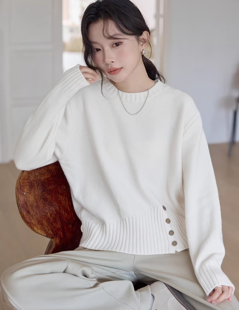 Round neck breasted pullover tops unique all-match sweater