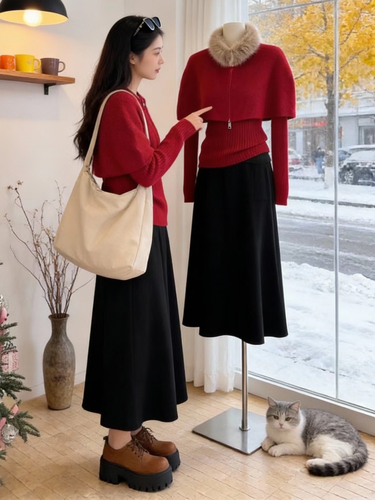 Winter fur collar cloak unique removable sweater