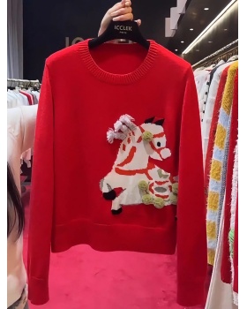 Jacquard stereoscopic knitted round neck sweater