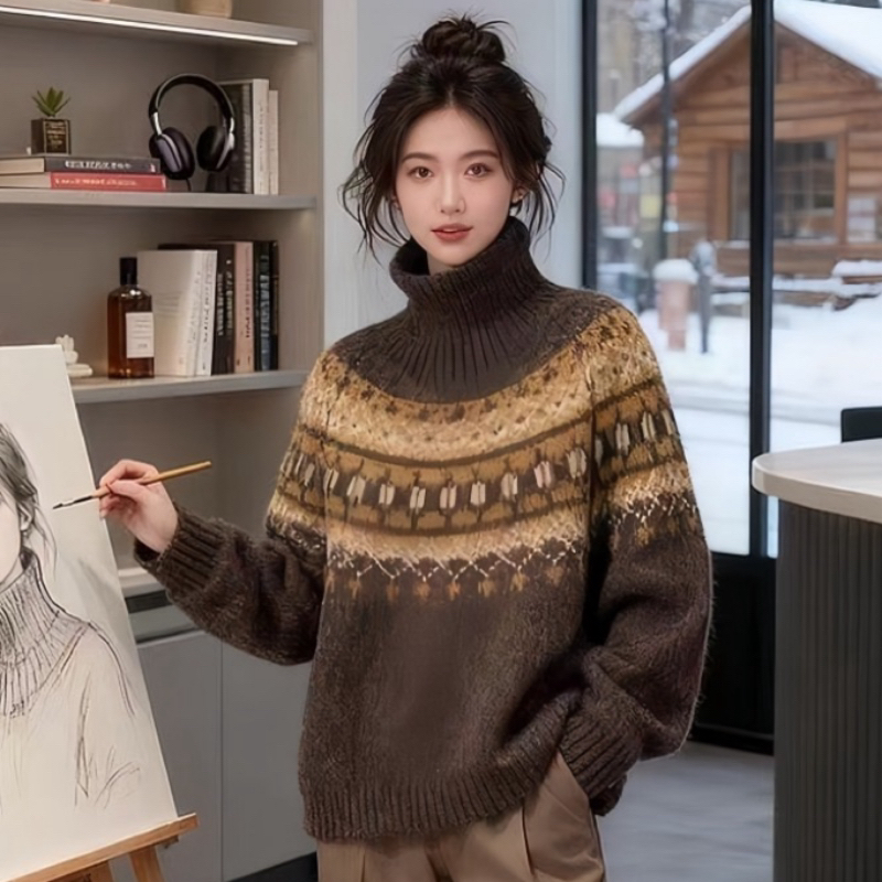 Winter high collar thick sweater jacquard lazy tops