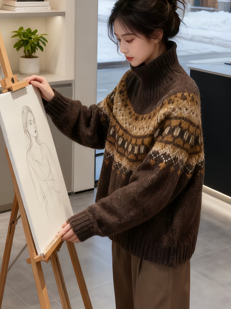 Winter high collar thick sweater jacquard lazy tops