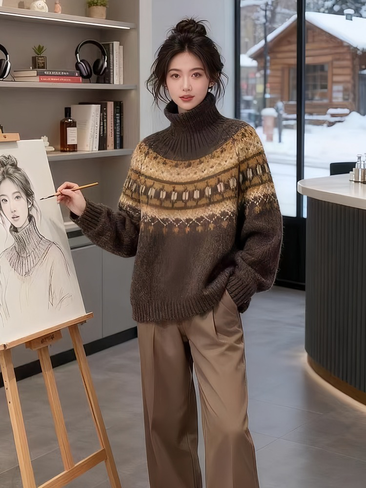 Winter high collar thick sweater jacquard lazy tops