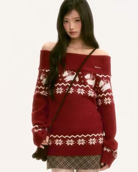 Retro red flat shoulder winter christmas sweater